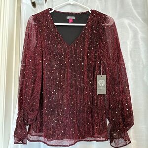 Vince Camuto Women’s Metallic Balloon-sleeve Blouse (brand new, dark wine, XS)